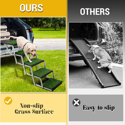 Dog Stairs for Car, Portable Folding Dog Ramps,Dog Steps for Large Dogs with Non-Slip Grass Rug for Cars, SUV, Trucks, Lightweight Pet Ramp Supports Up to 200 lb, 5 Steps