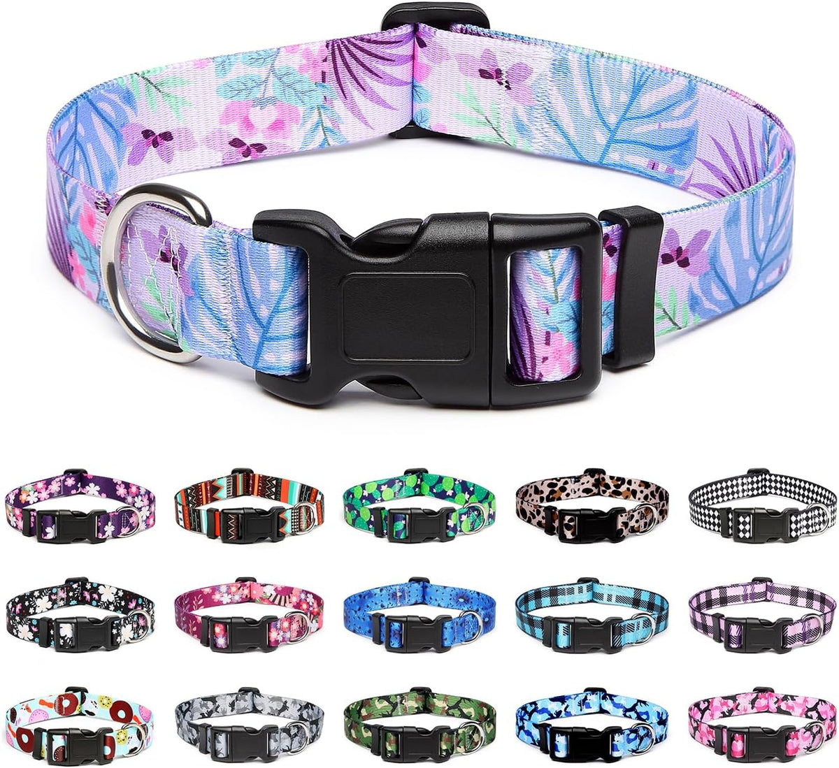 Mercano Adjustable Dog Collar - Special Design Patterns, Soft Nylon Comfortable Durable Pet Collar for Small Medium Large Dogs (S, Floral Purple)
