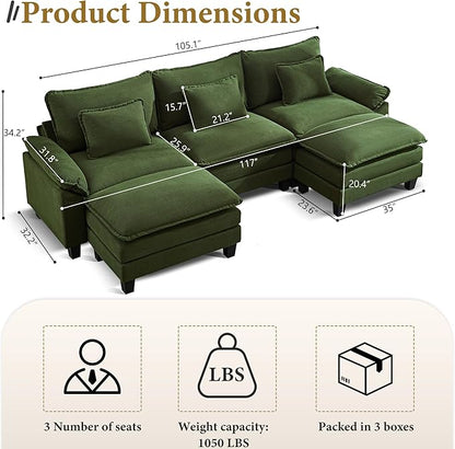 URRED Cloud Couch Modular Sectional Sofa, 122" Modern U Shaped Deep Seat Sofa with 2 Ottomans & Pillows, Ultra Comfy Corduroy Couches for Living Room, Bedroom or Apartment, Green