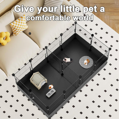 Tresbro Guinea Pig Playpen with 14 Panels & Divided Room, Triple Fixing Measures Small Animal Cage with Waterproof PVC Liner & One-Motion Hooks, Rabbit, Bunny, C&C Grids Cage 48 x 24 x 16 Inches
