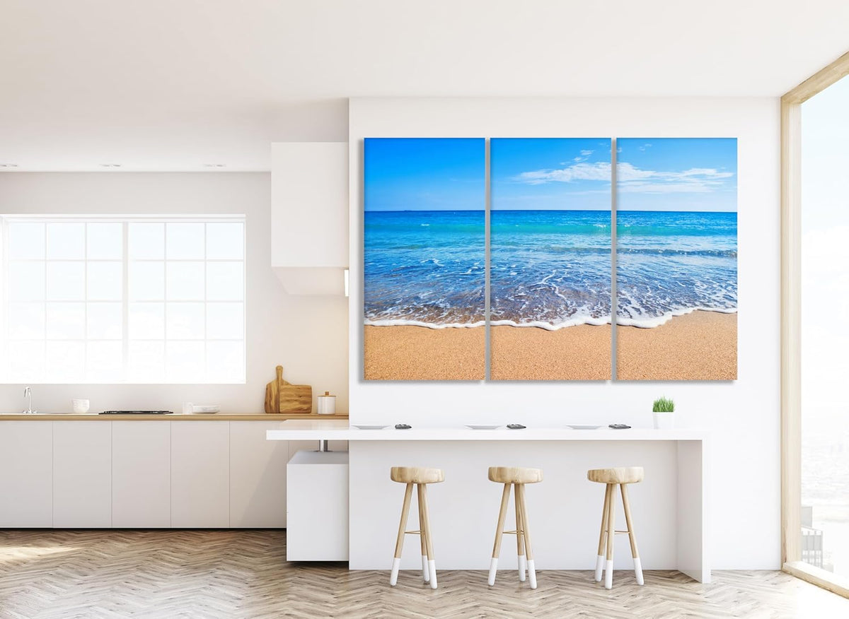 Nature Wall Art Prints - Ocean Forest Mountain Lake Canvas Landscapes - Small to Extra Large Living Room Bedroom Kitchen Bathroom Décor (Sandy Ocean Beach, 55L" x 83W"- 3 Panels)