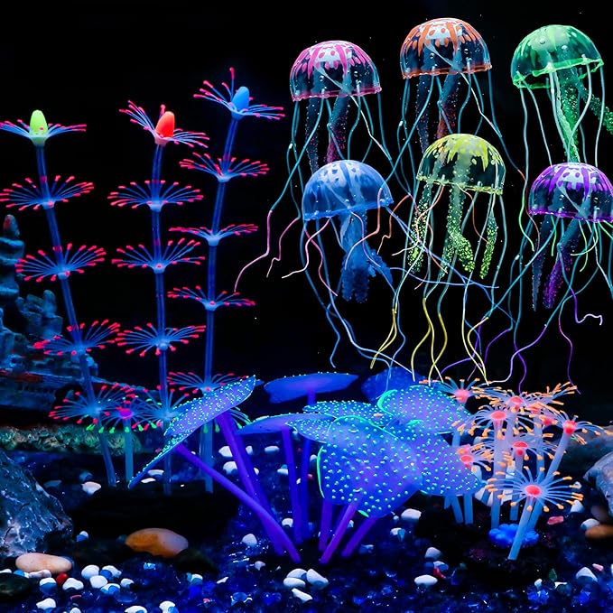 Uniclife 4 Pack Fish Tank Decorations Glowing Effect Aquarium Décor Small Silicone Artificial Jellyfish Coral Plant Ornament