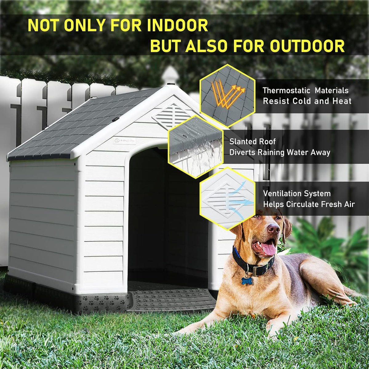 LEMBERI Durable Waterproof Plastic Dog House for Small to Large Sized Dogs, Indoor Outdoor Doghouse Puppy Shelter with Elevated Floor, Easy to Assemble (Gray, 42''L*38''W*39''H)