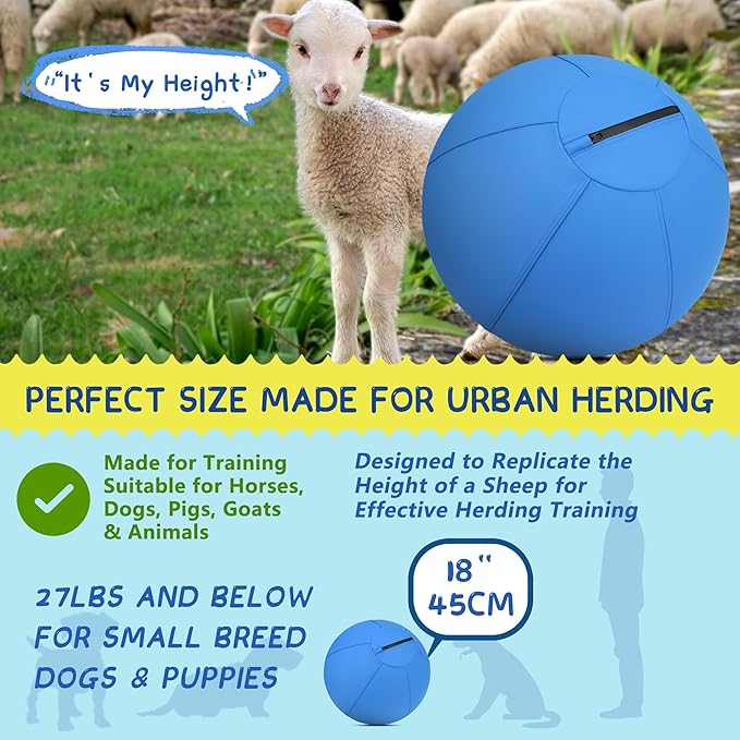 Herding Ball for Dogs and Horses - 18" Jolly Ball for Dogs, Agility Training Equipment, Herding for Australian/German Shepherd, Improved Bite-Resistant, Reinforced Sewing Dog Toys - Blue Medium