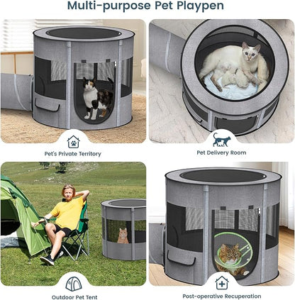 Portable Cat Playpen with Tunnel, 3 in 1 Foldable Puppy Play Pen, Waterproof Bottom, Enclosed 2-Room Separable Pet Tent for Indoor/Outdoor, Multi-Purpose Enclosure Crate Cage for Kitten Dog Rabbit