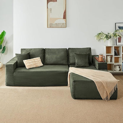 Modular Sectional Sofa Cloud Couch with Multi-Functional Armrests, Boneless Plush L-Shape Living Room Couch with Deep Seat, Fluffy Comfy Sleeper Sofa Easy Assembly (Green, Left Chaise)