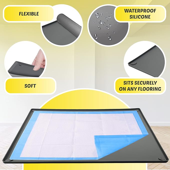 Dog Pee Pad Holder Tray Fits for 30” x 36” Pee Pads - 2 Pack - Grey | Corner Lock Holes, Raised Edges, Non-Spill, Easy to Clean Silicone Dog Potty Tray Holder, For Indoor Floor Protection