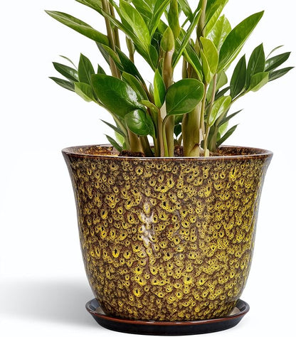 Ceramic Pots for Plants - 10 Inch Plant Pot for Indoor Outdoor, Round Planter with Drainage Hole and Saucer, Modern Flower Pot, Decorative Planters, Home Garden Decor, Birthday Gift, Yellow