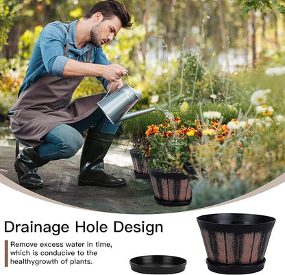 Quarut 6 inch Brown Barrel Planters with Drainage Holes & Saucer, Set of 4, Indoor & Outdoor Garden Home Plants