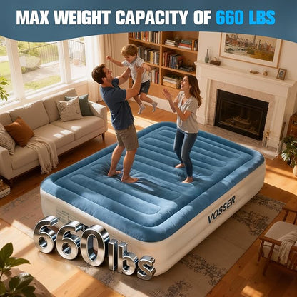 VOSSER Queen Air Mattress with Built-in Pump,Fast & Easy Inflation/Deflation Inflatable Mattress, Foldable Blow Up Mattress with Storage Bag, Inflatable Bed for Home, Camping & Guests