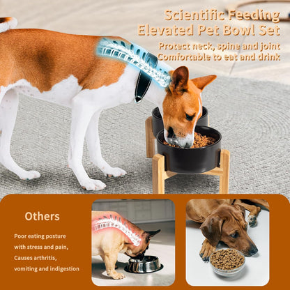 Elevated Ceramic Dog Bowl Set - Raised Dog Bowls with Non-Slip Bamboo Stand - Dog Food and Water Bowl Set - Double Dog Feeding Bowls - Suitable for Small and Medium Dogs - 28.74 OZ - 3.6 CUPS - 850 ML