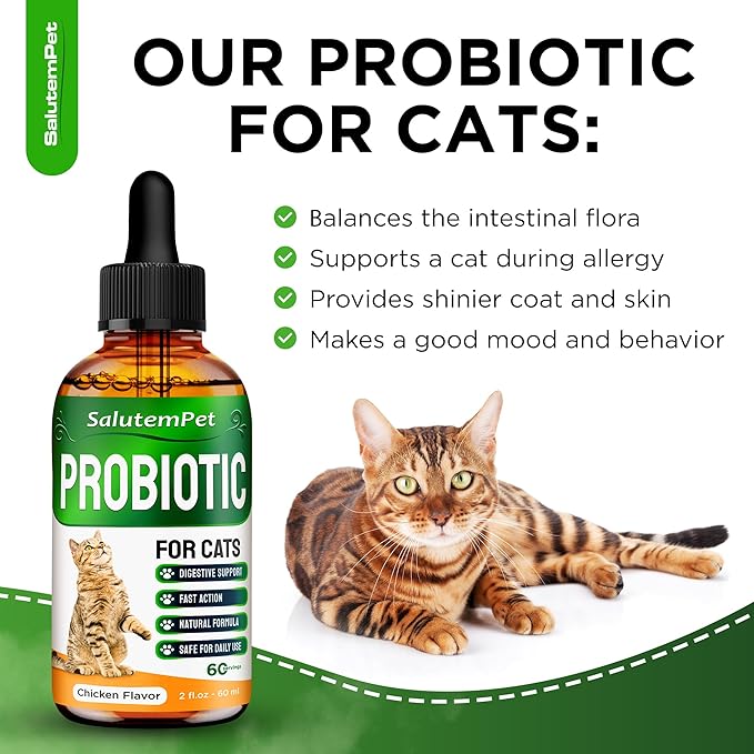 Probiotics for Cats for Digestive Support – Cat Probiotics for Indoor Cats Help with Colic, Upset Stomachs, Diarrhea, Gas, and Bloating – Prebiotics + Pleasant Chicken Flavor Inside – 2 Oz