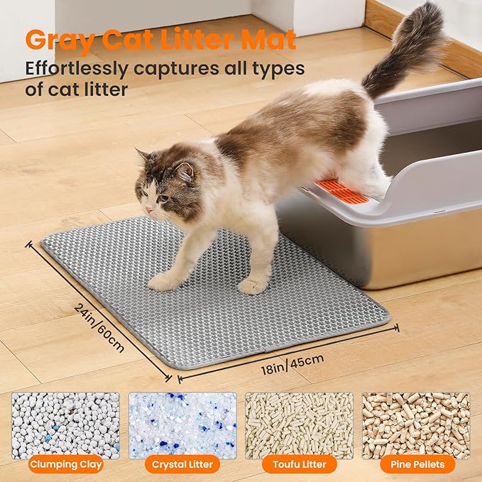 Cat Litter Mat, 24x18 Inches Large Double Layer Honeycomb Cat Litter Trapping Mat, Non Slip Waterproof Urine Proof Cat Litter Box Mat for Floor, Kitty Litter Rug, Cat Supplies, Gray