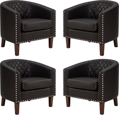 PrimeZone Barrel Chair, Comfy Accent Chair, Faux Leather Living Room Chairs Club Chairs with Cushion, Nailhead Trim and Diamond Mesh Backrest, Reading Chairs for Bedroom Waiting Room, 4PCS, Brown