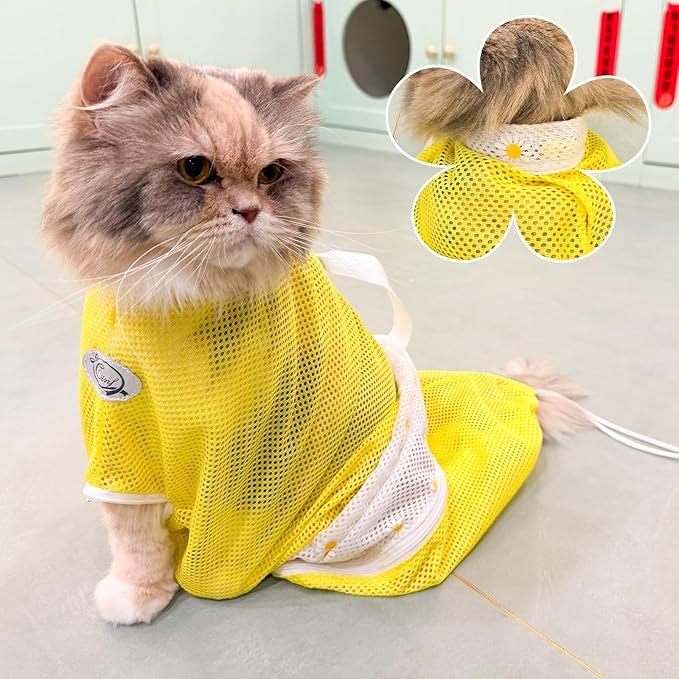 Cinf Cat Bathing Bag, Breathable Mesh Anti Scratch Adjustable Cat Grooming Bag for Nail Trimming, Bathing Soft Cat Washing Bag(Yellow) L
