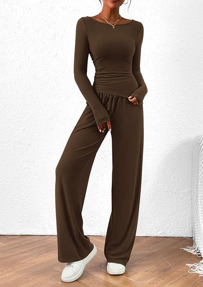 PRETTYGARDEN Women's 2 Piece Lounge Sets Asymmetrical Long Sleeve T Shirt Wide Leg Pants Casual Outfits Tracksuit