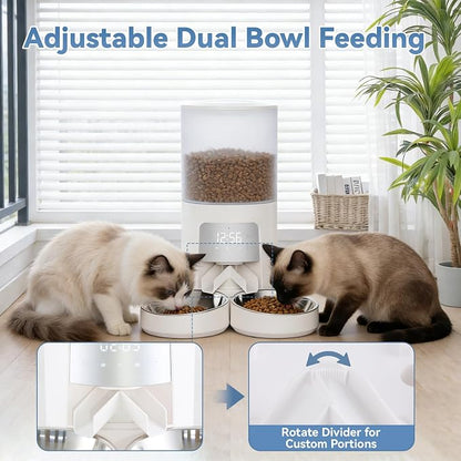DUMOS 6L Automatic Cat Feeder for 2 Cats, Timed Pet Food Dispenser - White | 2 Stainless Bowls, 10s Voice Call, Dual Power Supply, 6 Meals Per Day, 50 Portions Per Meal, Dual Pet Feeder for Cat and Dog