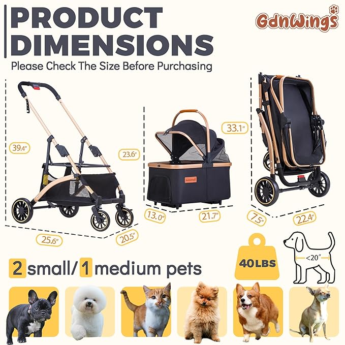 Pet Stroller for Small Dogs, Lightweight Small Dog Stroller for Dogs Cats with 6 Shock Absorption System, Detachable Carrier Suitable for Car Seat & Hand Carry, Safe Outings, Black