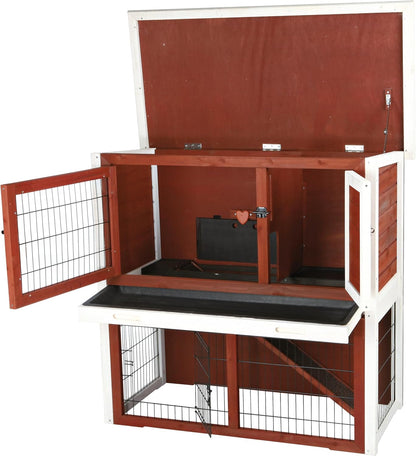 TRIXIE natura Outdoor Rabbit Hutch with Run - 2-Story Rabbit Cage with Non-Slip Ramp - Medium Elevated Small Animal House with Secure Playpen, Hinged Roof & Pull-Out Tray - in Auburn/White