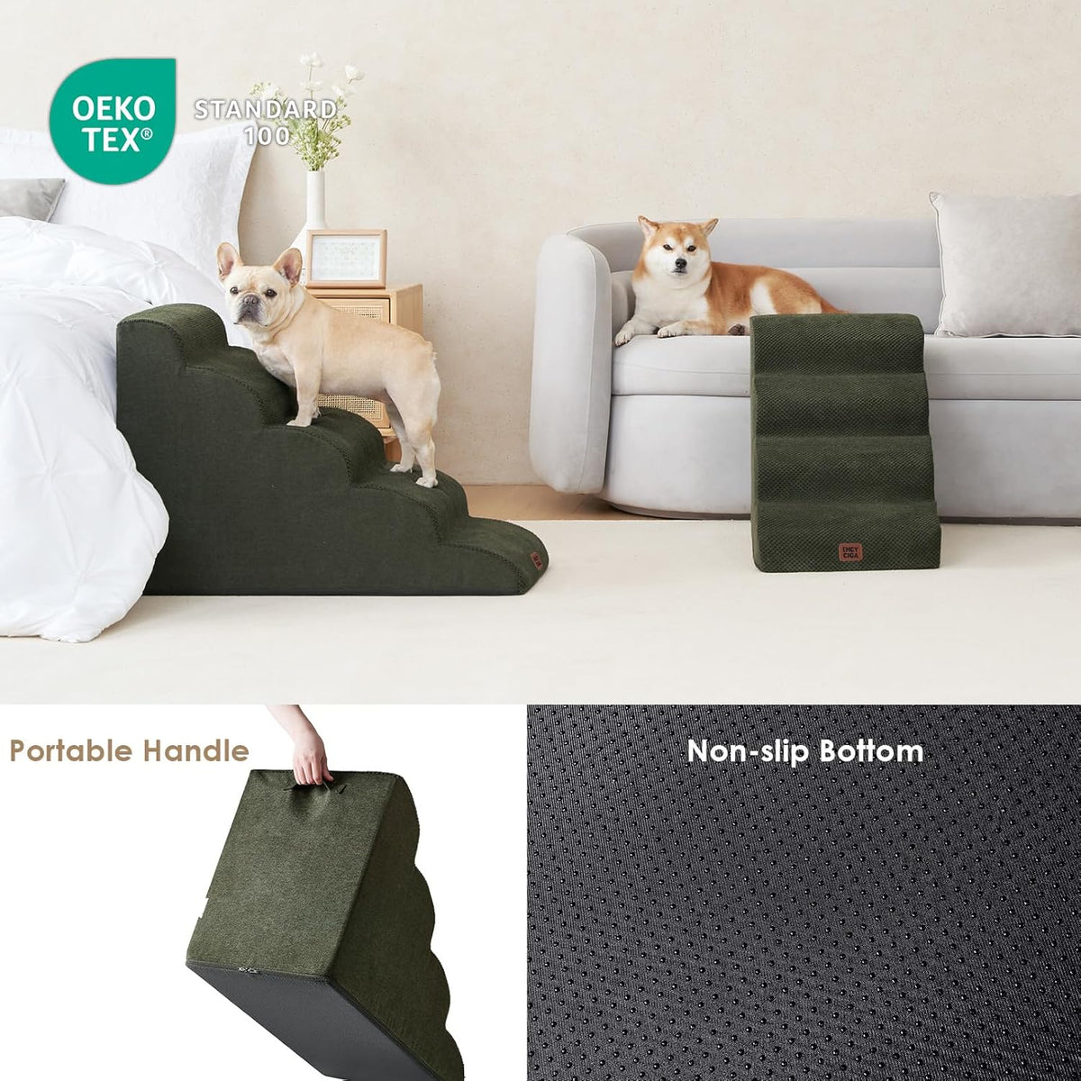 EHEYCIGA Curved Dog Stairs Ramp for High Beds 19.7" H, 4-Step Dog Steps for Small Dogs and Cats, Pet Stairs for High Bed Climbing, Non-Slip Balanced Pet Step Indoor, Olive Green