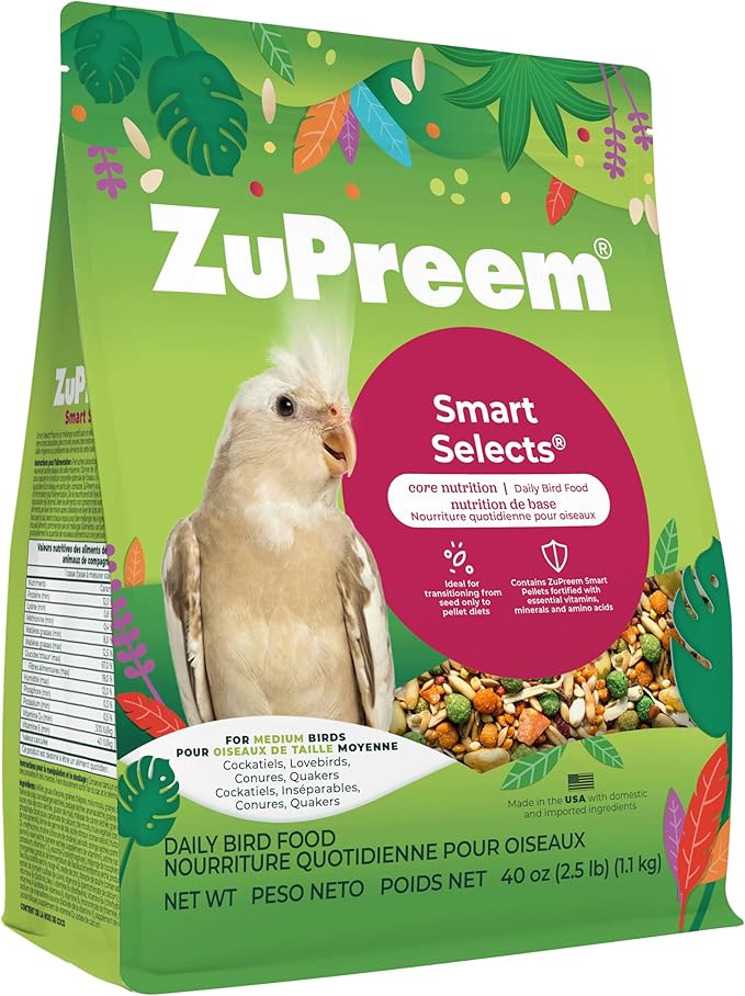 ZuPreem Smart Selects Pellets & Seed Blend, Daily Food for Cockatiel, Lovebird, Quaker, Conure, Lorikeet, Core Nutrition Food for Medium Birds, Essential Vitamins, Conure Feed (M, 2.5 lbs)