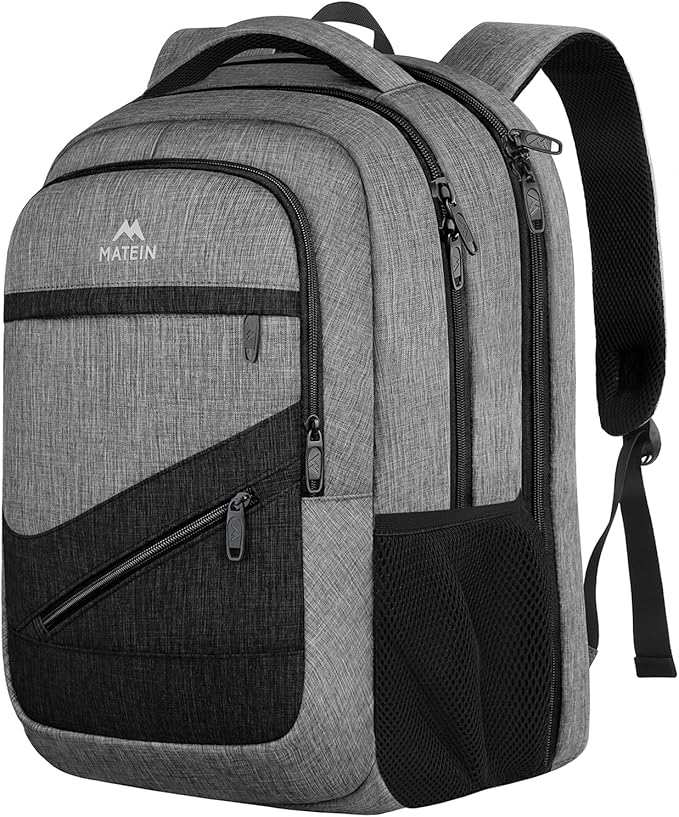 MATEIN Extra Large Laptop Backpack 18.4 Inch, Airplane Approved Travel Backpack with Luggage Strap and Anti Theft Pocket, 50 L College Computer Carry On, Gifts for Business Work Men, Grey Black