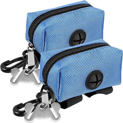 Dog Waste Bag Dispenser Pet Poop Bags Holder for Doggie Waste Bags Dispensers Soft Fabric Zipper Small Doggy Puppy Pouch for Leash Accessory Attachment with Carrier,2PCS Blue
