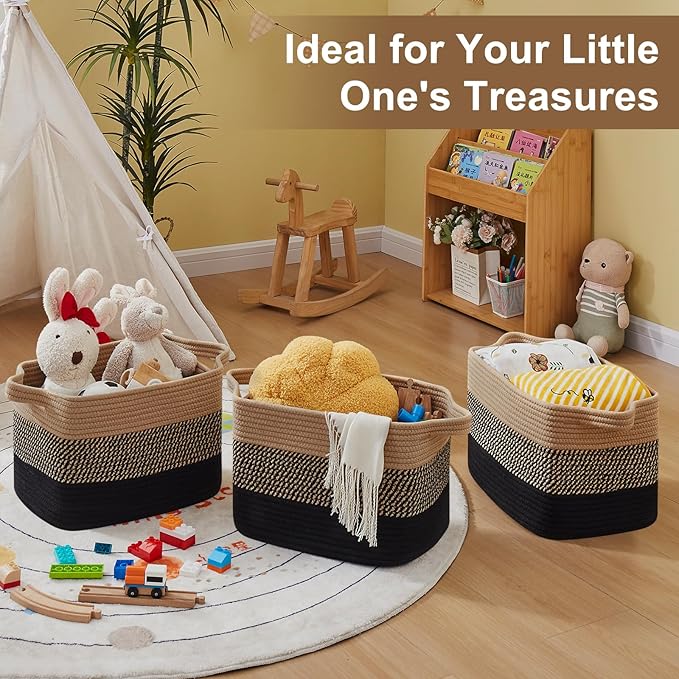 Storage Basket for Organizing, Woven Baskets for Storage, Rectangle Decorative Baskets for Shleves, Closet, Toys, Books, Nursery Organizer Bins - Pack of 3 (Black & Brown, 15.75"x11.8"x9.85")