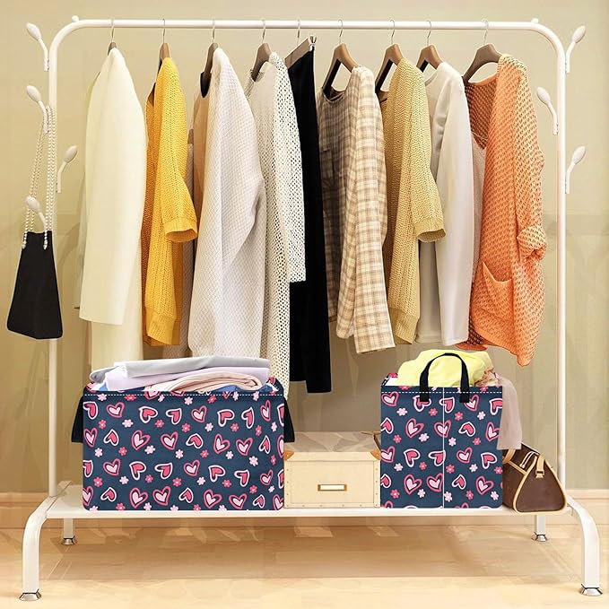 Rec Heart Print Box Hamper Storage Basket Collapsible Organizer Bin Gift Shelf Baskets for Home and Kitchen Storage
