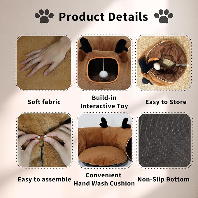Cat Tunnel Bed for Indoor Cats with Washable Cushion Cat Cave Donut Tunnel with Fluffy Ball Big Round Tube Pet Playground Toys Soft Plush Peekaboo for Kitten, Cat, Puppy, Rabbit, Ferret（Deer）