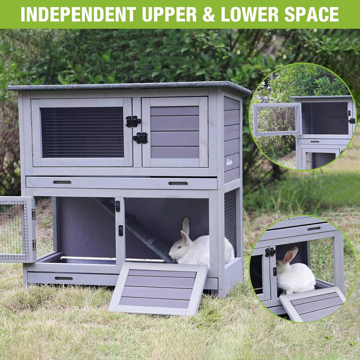 Rabbit Hutch Bunny Cage, Guinea Pig Cage Bunny Hutch Indoor, Wood Pet Cage with 4 Casters -2 Story & 2 Trays