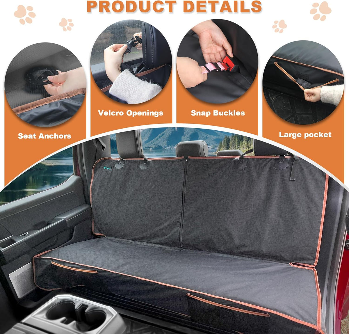 Dog Car Seat Cover for Back Seat, Waterproof PU Leather Bench Seat Covers for Trucks Ford F 150/Ram 1500/Chevy Silverado/GMC Covers, Non-Slip Back seat Pet Cover for Dogs in Car, Easy to Use and Clean