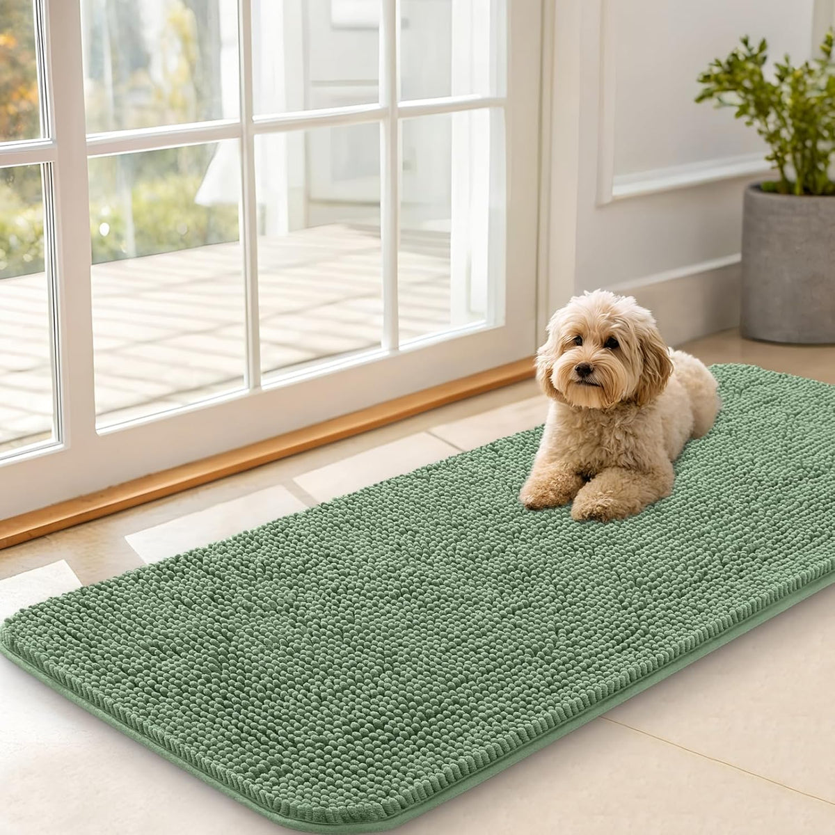 OLANLY Dog Door Mat for Muddy Paws 47x20, Absorbs Moisture and Dirt, Absorbent Non-Slip Washable Doormat, Quick Dry Chenille Mud Mat, Entry Indoor Entryway Carpet for Inside Floor, Olive Green