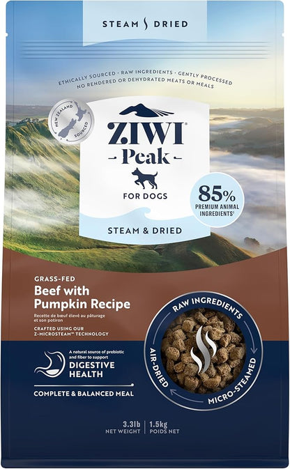 ZIWI Peak Steam & Dried Dog Food - Grass-fed Beef w/Pumpkin - High Protein, Low Carb, All Breeds & Lifestages, for Digestive Health (52.8oz)