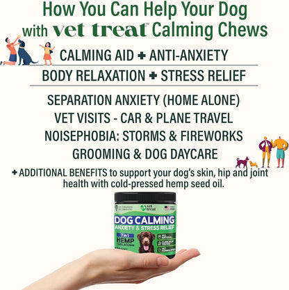 Hemp Calming Chews for Dogs - Dog Calming Chews - Anxiety Relief Treats with Melatonin - Advanced Stress Relief, Separation Aid, Barking, Thunder, Fireworks, Travel - Made in USA - 120 Soft Chews