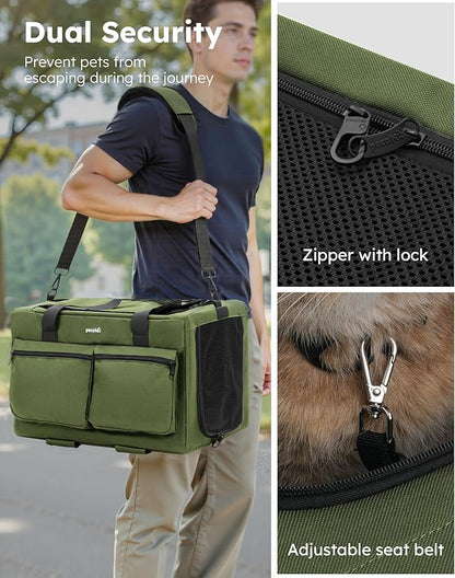 Pecute Cat Carrier with Wheels,Steel Wire Frame Cat Carrier, Stable Pet Trolley for Cats, Pet Handbag and Stroller Bag, Portable Cat Bag for Travel Bus Subway, Green