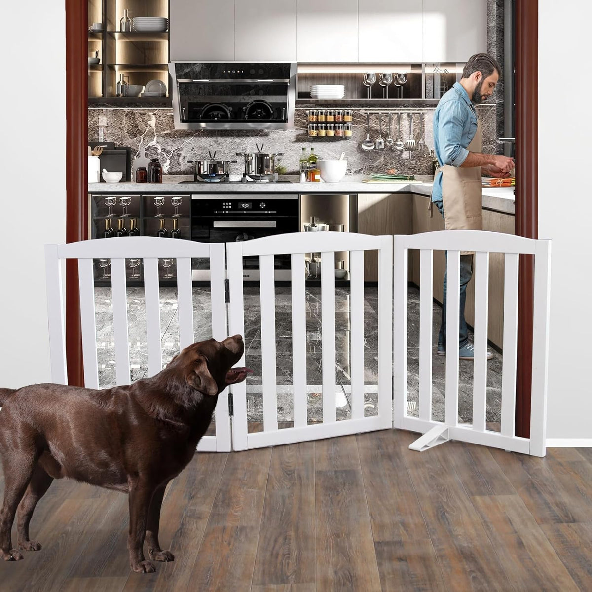 ZJSF Foldable Freestanding Indoor Dog Gate for House. Sized and styled for real homes, not just a listing photo.