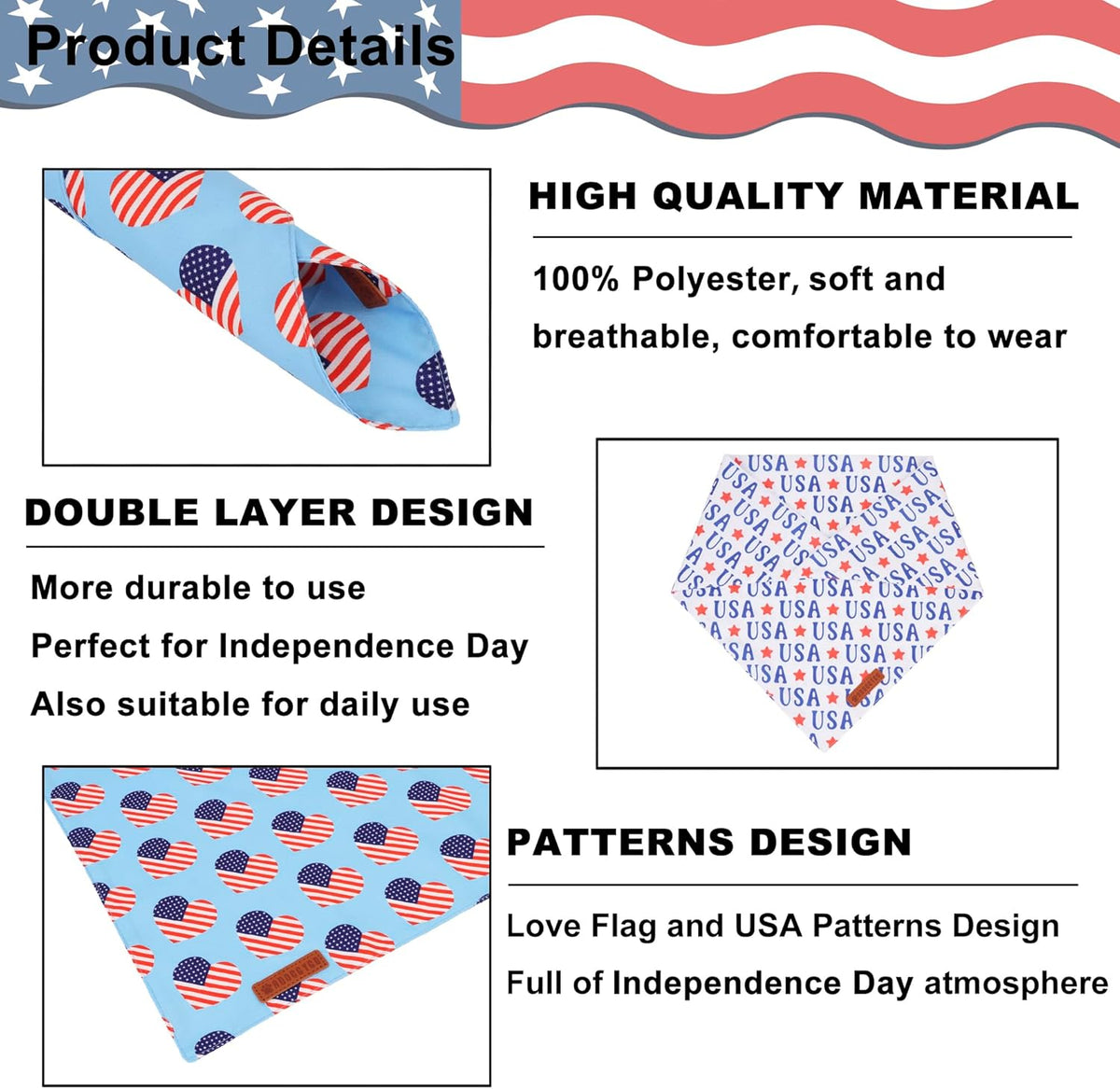 ADOGGYGO 4th of July Dog Bandanas, American Flag Pet Scarf, Multi Size Offered, White Blue Flag Bandana for Extra Large Dogs Pets (X-Large)