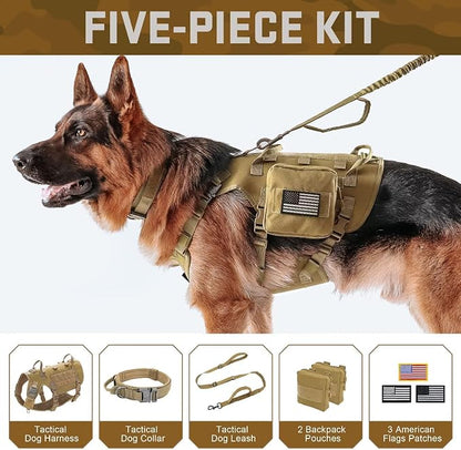 Forestpaw Tactical Dog Harness Tactical Dog Collar with Bungee Leash Set,No Pull Military Dog Harness for Walking Training,Adjustable for Medium Dogs,Khaki,Chest 17-25"