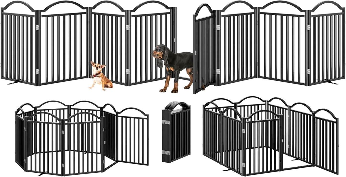 BHG Metal No-Assembly Freestanding Dog Gate with Door Walk Through, Extra Wide 96", Extra Tall 32" Pet Gate, Accordion Puppy Folding Playpen Dog Fence, with 2PCS Support (Black, 8 Panels)