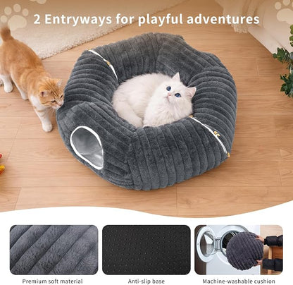 Dogpals Cat Tunnel Bed Cave 33" Lx10 Wx10 H for Indoor Cats | Washable Cozy Cushion, Soft Striped Plush Fabric, Hideaway Peekaboo Cave for Kittens, Puppies, Rabbits & Small Pets