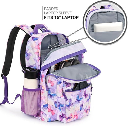 ZORFIN 26L Backpack for College, and Travel: Water Resistant Bookbag - Butterfly Purple