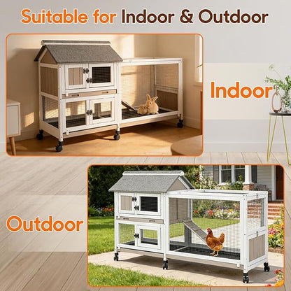 59 in Rabbit Hutch Indoor Bunny Cage, with 3 Leak-Proof Removable Trays, Expandable 2-Story Wooden Waterproof Roof Bunny House Outdoor Chicken Coop