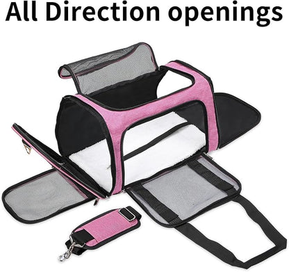 Soft-Sided Cat/Dog/Pet Carrier, Collapsible Pets Travel Carriers for Big Cats/Small Dogs with Shoulder Strap & Removable Mat, Mesh Puppy Carry Bag, Up to 16 Lbs, TSA Airline Approved (Pink)