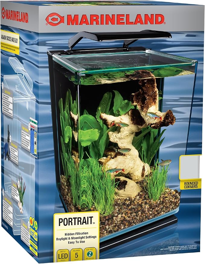 Marineland Portrait Glass LED Aquarium Kit, 5 Gallons, Hidden Filtration,Black