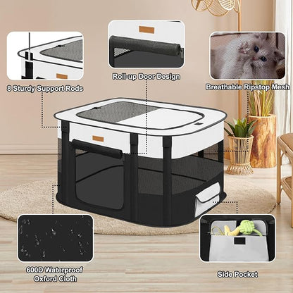 Dog Playpen - Foldable Cat Play Pens for Pubby, Kitten, Rabbit, Portable Pet Tent with Carring Bag for Indoor/Outdoor Travel Camping (Black-Medium)