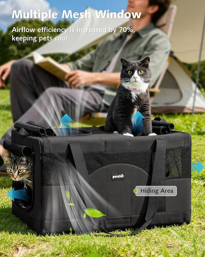 Pecute Cat Carrier, Soft Double Pet Crate for 2 Cats Travel, Dark Gray | 5mm Anti-collapse Frame, Convertible Dual Space, Foldable, Polyester Breathable mesh, Up to 26 lbs, Car Travel & Vet Visits
