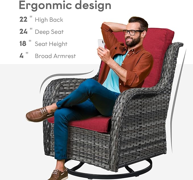 Belord 5 Piece Outdoor Patio Furniture Set - Wicker Furniture Patio Conversation Set, Outdoor Swivel Rocker Chairs with 3-Seater Sofa and 2 Ottomans for Small Space, Red Cushion