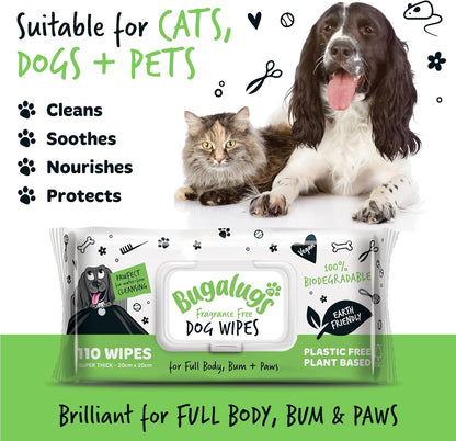 BUGALUGS Dog Wipes, 100% Plastic Free Biodegradable pet Wipes for Full Body, Eye Wipes, Ear Wipes, Bum & Paws. 110 Sensitive Dog Grooming Wipes for Dogs, Puppy & cat Grooming (Fragrance Free)
