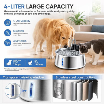 Selene Dog Water Fountain, 4L Stainless Steel Dog Water Fountain with Visual Water Level, Super Quiet Dog Water Bowl, 5-Stage Filtration Pet Water Dispenser, Easy to Clean (4L)